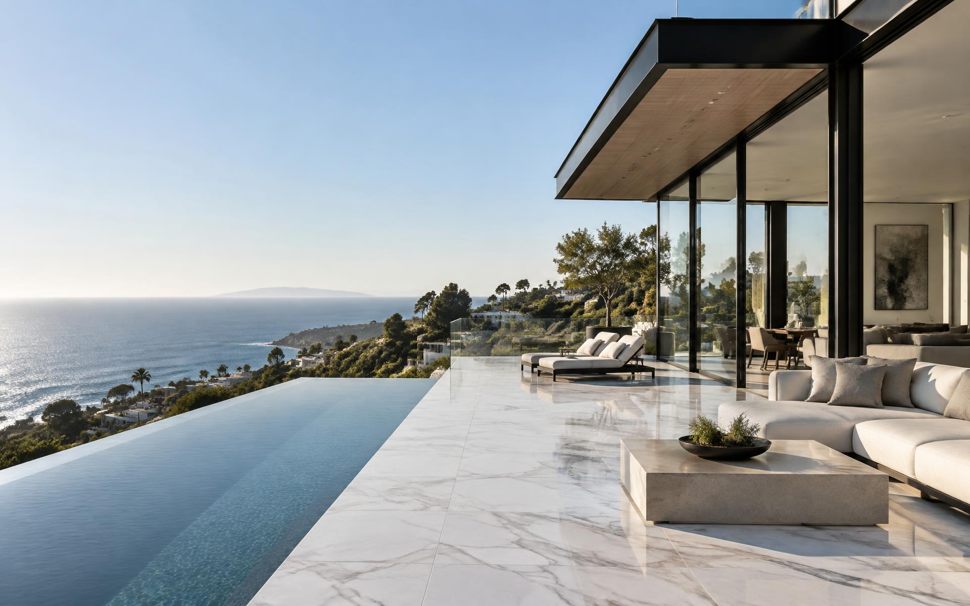 Architectural illustration of a contemporary coastal residence; not a current listing